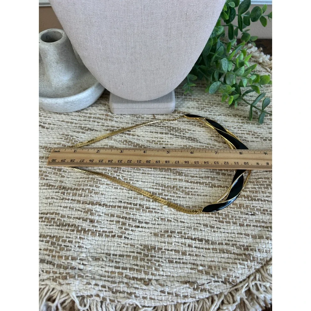 Vintage Napier Gold Tone Black Enamel Modernist Collar Herringbone Necklace